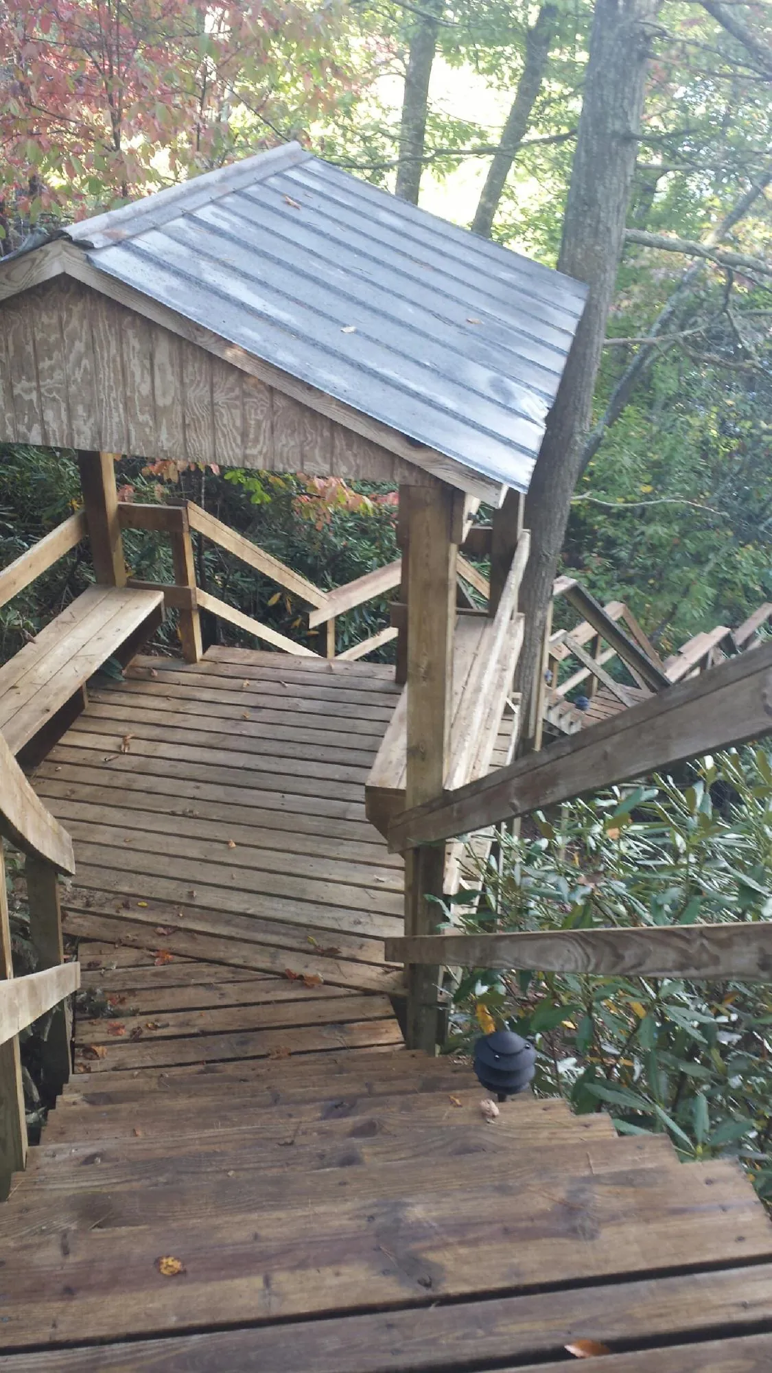 Metal roofed shelter over wooden steps on a wooded walkway — Skylight Repair & Installation work by our crew in Mountain Dale